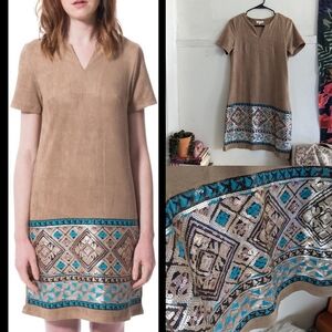 Y2k Suede Western Tribal Sequin Dress Brown Turquoise Festival Coachella